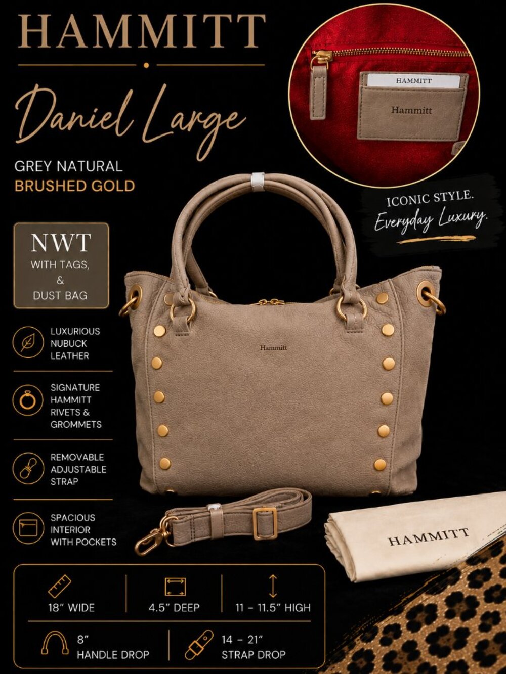 NWT Hammitt Daniel Large Grey Natural Nubuck Leather Bag MSRP $725